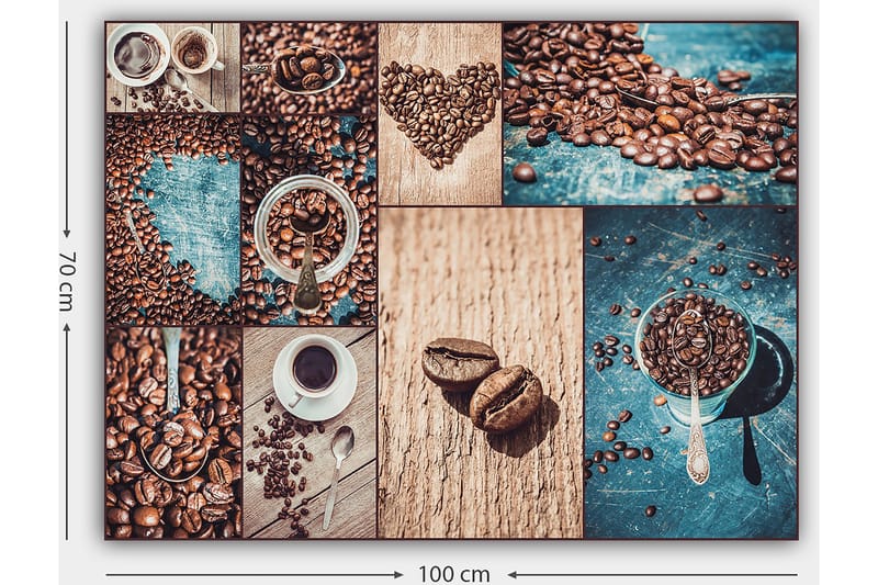 Canvastavla 70x100 cm - Collage av kaffebönor och kaffekoppar som framhäver kaffets olika aspekter och presentationer - Mörkbrun / Beige / Turkos - Inredning - Tavlor & posters - Canvastavla