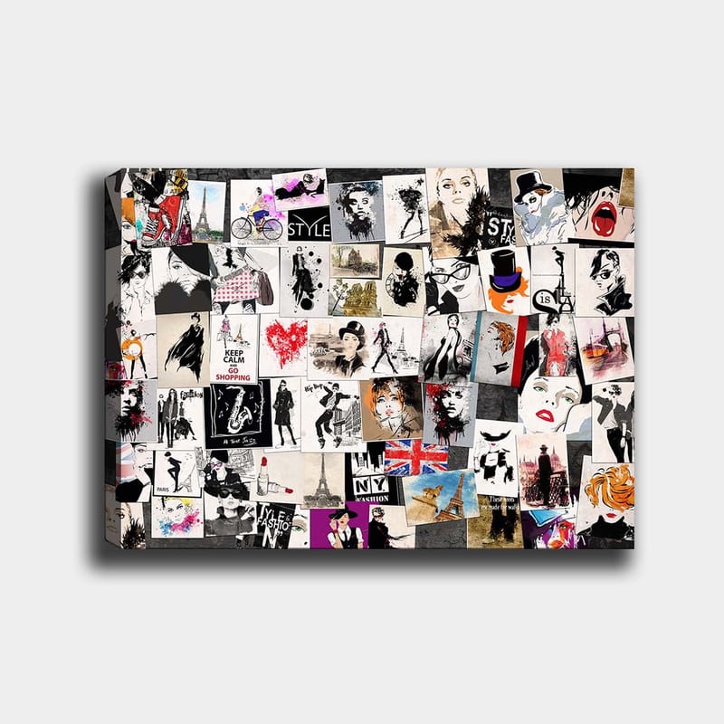 Canvastavla 70x100 cm - Collage av modeikoner och stiliserade porträtt med inslag av romantiska och urbana teman, Svart / Röd / Beige
