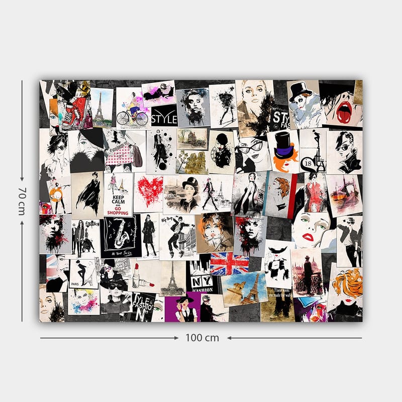 Canvastavla 70x100 cm - Collage av modeikoner och stiliserade porträtt med inslag av romantiska och urbana teman - Svart / Röd / Beige - Inredning - Tavlor & posters - Canvastavla