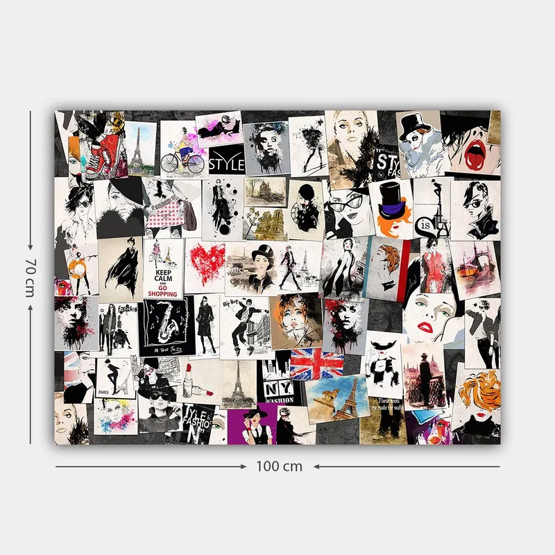 Canvastavla 70x100 cm - Collage av modeikoner och stiliserade porträtt med inslag av romantiska och urbana teman - Svart / Röd / Beige - Inredning - Tavlor & posters - Canvastavla