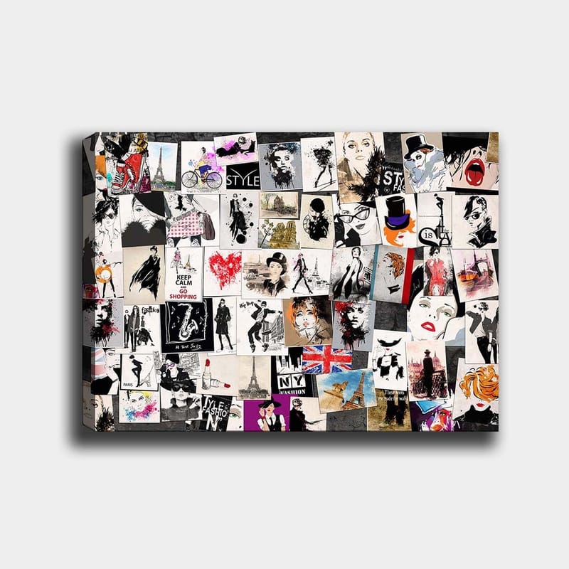 Canvastavla 70x100 cm - Collage av modeikoner och stiliserade porträtt med inslag av romantiska och urbana teman, Svart / Röd / Beige