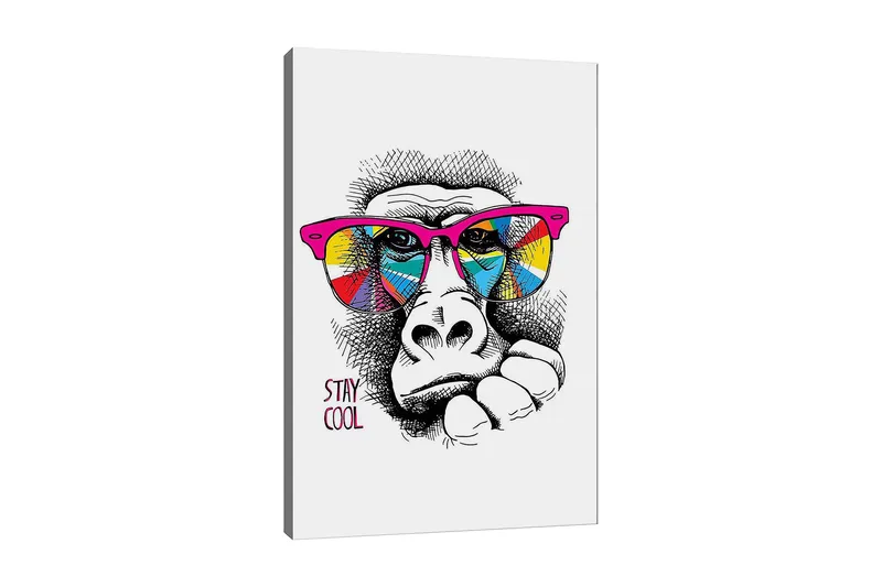 Canvastavla 70x100 cm - Cool gorilla med färgglada solglasögon som uttrycker en avslappnad attityd, Rosa / Gul / Blå