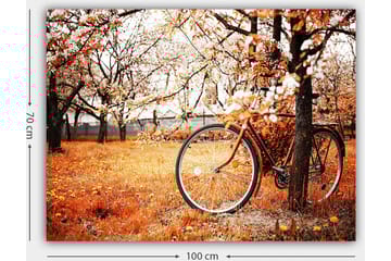 Canvastavla 70x100 cm - Cykel lutad mot ett träd i en höstig landskap med orangea och gula löv - Orange / Gul / Brun - Inredning - Tavlor & posters - Canvastavla