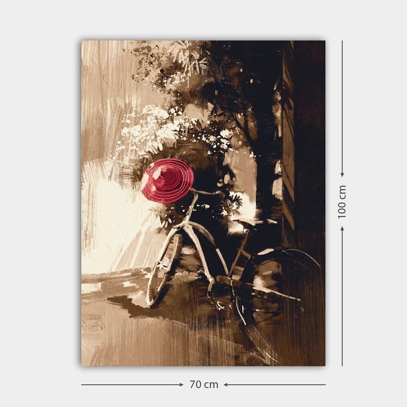 Canvastavla 70x100 cm - Cykel med en röd hatt som står i en grönskande miljö - Röd / Brun / Svart - Inredning - Tavlor & posters - Canvastavla