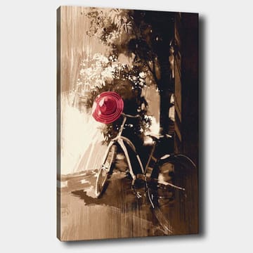 Canvastavla 70x100 cm - Cykel med en röd hatt som står i en grönskande miljö - Röd / Brun / Svart - Inredning - Tavlor & posters - Canvastavla