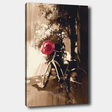 Canvastavla 70x100 cm - Cykel med en röd hatt som står i en grönskande miljö - Röd / Brun / Svart - Inredning - Tavlor & posters - Canvastavla