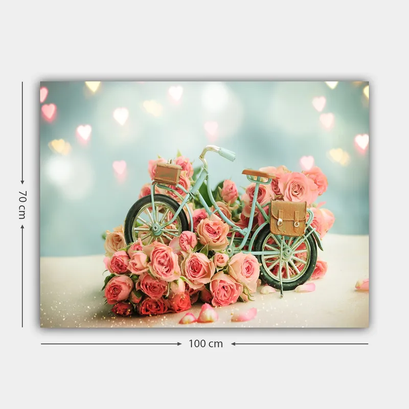 Canvastavla 70x100 cm - Cykel omgiven av rosa rosor i en romantisk och drömlik miljö - Rosa / Mintgrön / Svart - Inredning - Tavlor & posters - Canvastavla