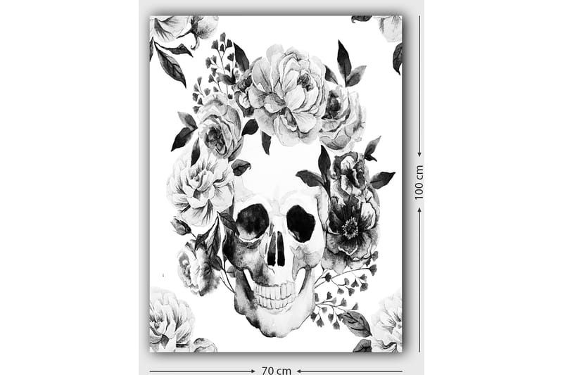 Canvastavla 70x100 cm - Dödskalle omgiven av vackra blommor i svart och vitt - Svart / Vitt / Grått - Inredning - Tavlor & posters - Canvastavla