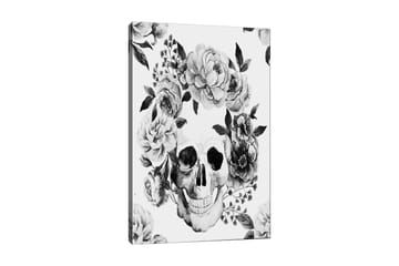 Canvastavla 70x100 cm - Dödskalle omgiven av vackra blommor i svart och vitt - Svart / Vitt / Grått - Inredning - Tavlor & posters - Canvastavla