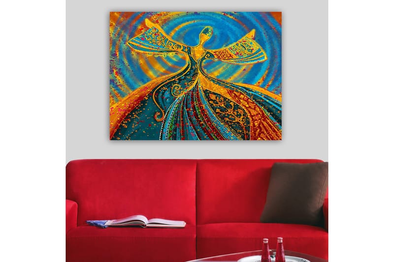 Canvastavla 70x100 cm - Dansande figur med utsträckta armar i en färgglad och livfull komposition - Blå / Orange / Grön - Inredning - Tavlor & posters - Canvastavla