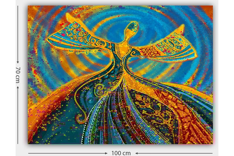 Canvastavla 70x100 cm - Dansande figur med utsträckta armar i en färgglad och livfull komposition - Blå / Orange / Grön - Inredning - Tavlor & posters - Canvastavla