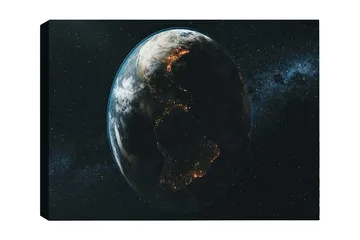 Canvastavla 70x100 cm - Detaljerad avbildning av jorden sedd från rymden, med fokus på kontinenternas former och ljus från städerna - Mörkblå / Grön / Vit - Inredning - Tavlor & posters - Canvastavla