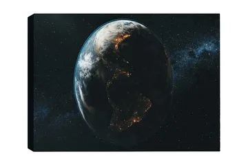 Canvastavla 70x100 cm - Detaljerad avbildning av jorden sedd från rymden, med fokus på kontinenternas former och ljus från städerna - Mörkblå / Grön / Vit - Inredning - Tavlor & posters - Canvastavla