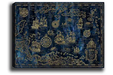Canvastavla 70x100 cm - Detaljerad karta över Karibiska havet med segelbåtar och kompasser i guldmotiv - Mörkblå / Guld - Inredning - Tavlor & posters - Canvastavla