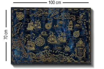 Canvastavla 70x100 cm - Detaljerad karta över Karibiska havet med segelbåtar och kompasser i guldmotiv - Mörkblå / Guld - Inredning - Tavlor & posters - Canvastavla