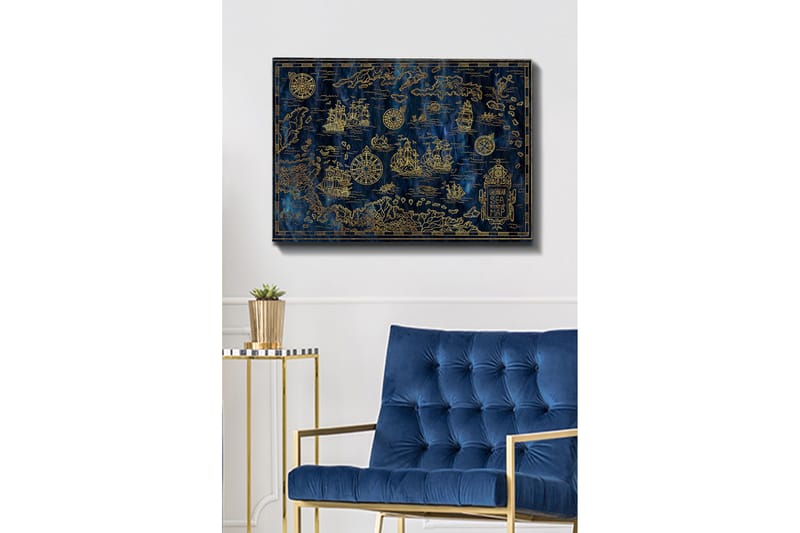 Canvastavla 70x100 cm - Detaljerad karta över Karibiska havet med segelbåtar och kompasser i guldmotiv - Mörkblå / Guld - Inredning - Tavlor & posters - Canvastavla