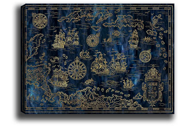 Canvastavla 70x100 cm - Detaljerad karta över Karibiska havet med segelbåtar och kompasser i guldmotiv - Mörkblå / Guld - Inredning - Tavlor & posters - Canvastavla