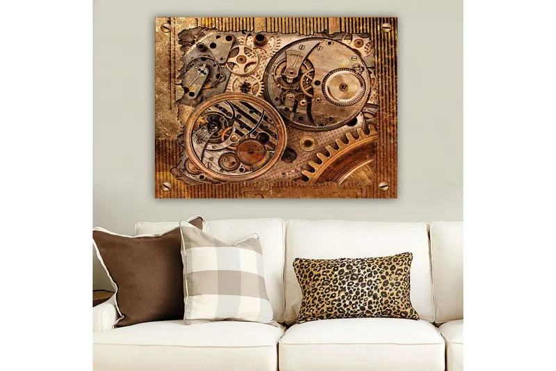 Canvastavla 70x100 cm - Detaljerad komposition av klockverk med kugghjul och mekaniska delar - Brons / Koppar / Guld - Inredning - Tavlor & posters - Canvastavla