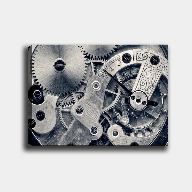 Canvastavla 70x100 cm - Detaljerad närbild av klockverkets kugghjul och mekanik, Silver / Grå