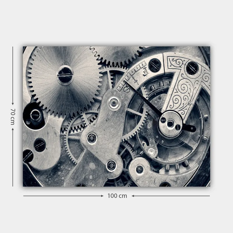 Canvastavla 70x100 cm - Detaljerad närbild av klockverkets kugghjul och mekanik - Silver / Grå - Inredning - Tavlor & posters - Canvastavla