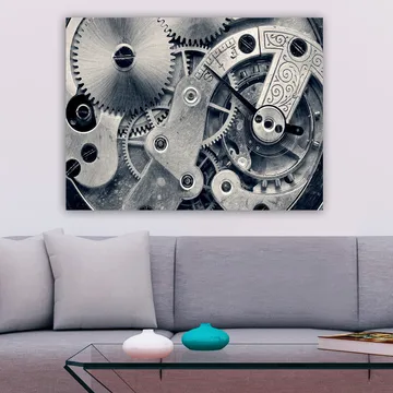 Canvastavla 70x100 cm - Detaljerad närbild av klockverkets kugghjul och mekanik - Silver / Grå - Inredning - Tavlor & posters - Canvastavla