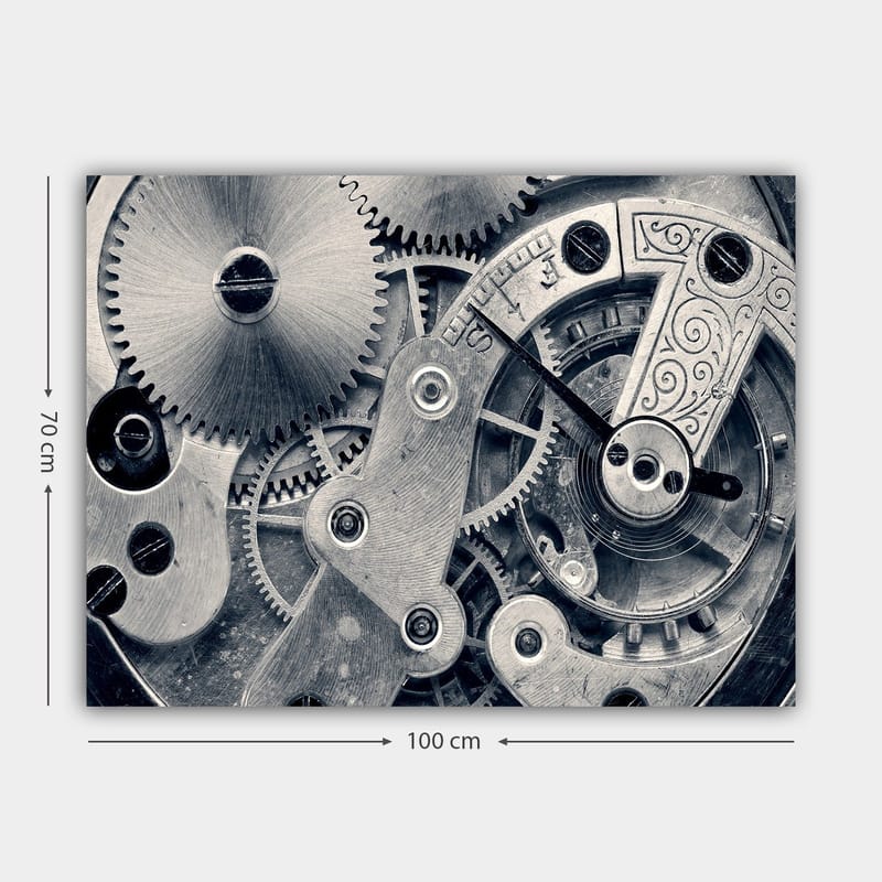 Canvastavla 70x100 cm - Detaljerad närbild av klockverkets kugghjul och mekanik - Silver / Grå - Inredning - Tavlor & posters - Canvastavla