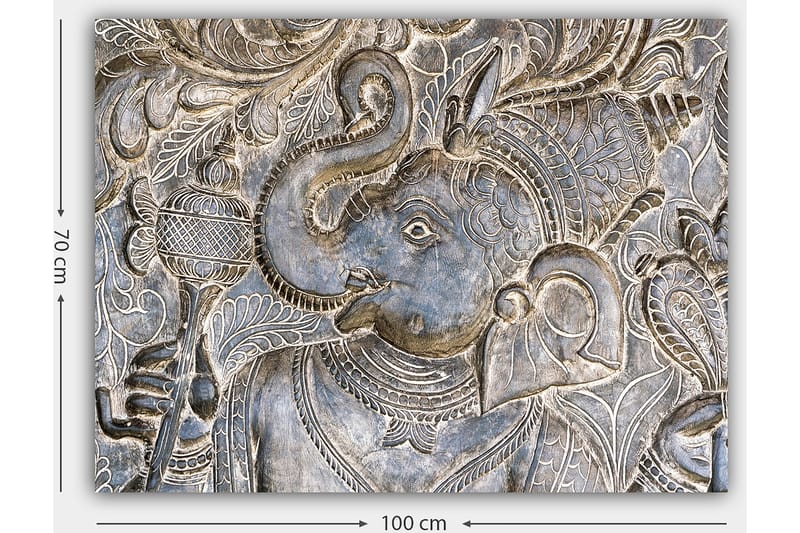 Canvastavla 70x100 cm - Detaljerad relief av elefanten Ganesha som håller en skål, omgiven av intrikata mönster - Silver / Grå - Inredning - Tavlor & posters - Canvastavla