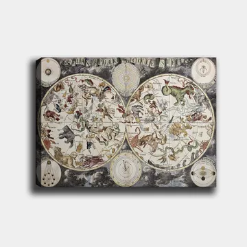 Canvastavla 70x100 cm - Detaljerad stjärnkarta med olika mytologiska djur och figurer som representerar stjärnbilder - Grön / Röd / Beige - Inredning - Tavlor & posters - Canvastavla