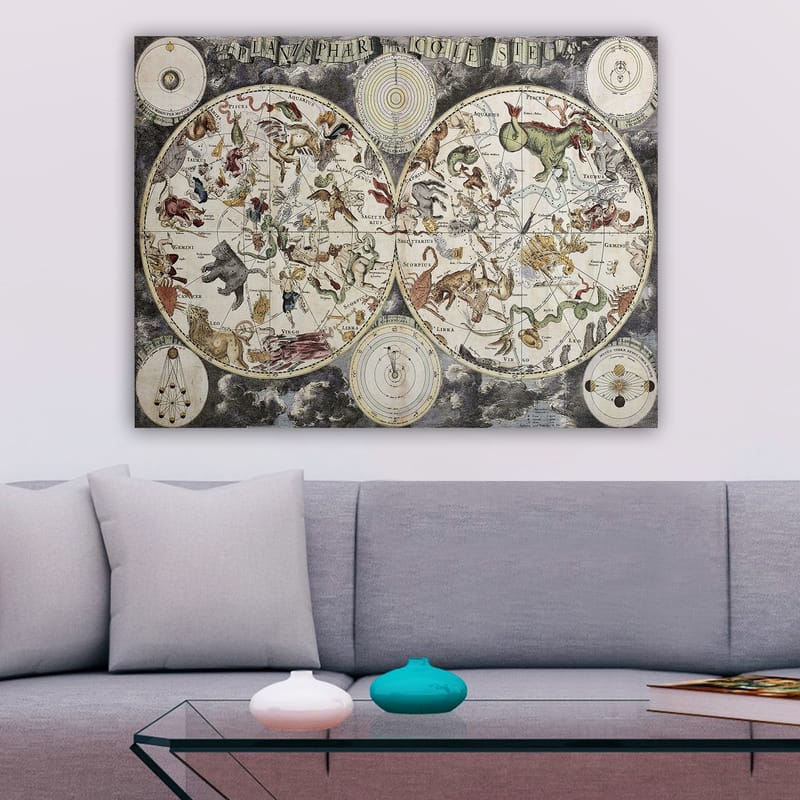 Canvastavla 70x100 cm - Detaljerad stjärnkarta med olika mytologiska djur och figurer som representerar stjärnbilder - Grön / Röd / Beige - Inredning - Tavlor & posters - Canvastavla