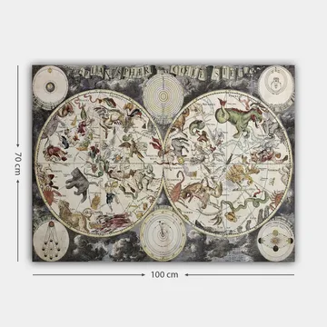 Canvastavla 70x100 cm - Detaljerad stjärnkarta med olika mytologiska djur och figurer som representerar stjärnbilder - Grön / Röd / Beige - Inredning - Tavlor & posters - Canvastavla