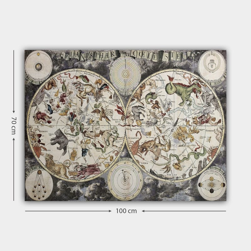 Canvastavla 70x100 cm - Detaljerad stjärnkarta med olika mytologiska djur och figurer som representerar stjärnbilder - Grön / Röd / Beige - Inredning - Tavlor & posters - Canvastavla