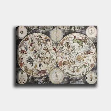 Canvastavla 70x100 cm - Detaljerad stjärnkarta med olika mytologiska djur och figurer som representerar stjärnbilder - Grön / Röd / Beige - Inredning - Tavlor & posters - Canvastavla