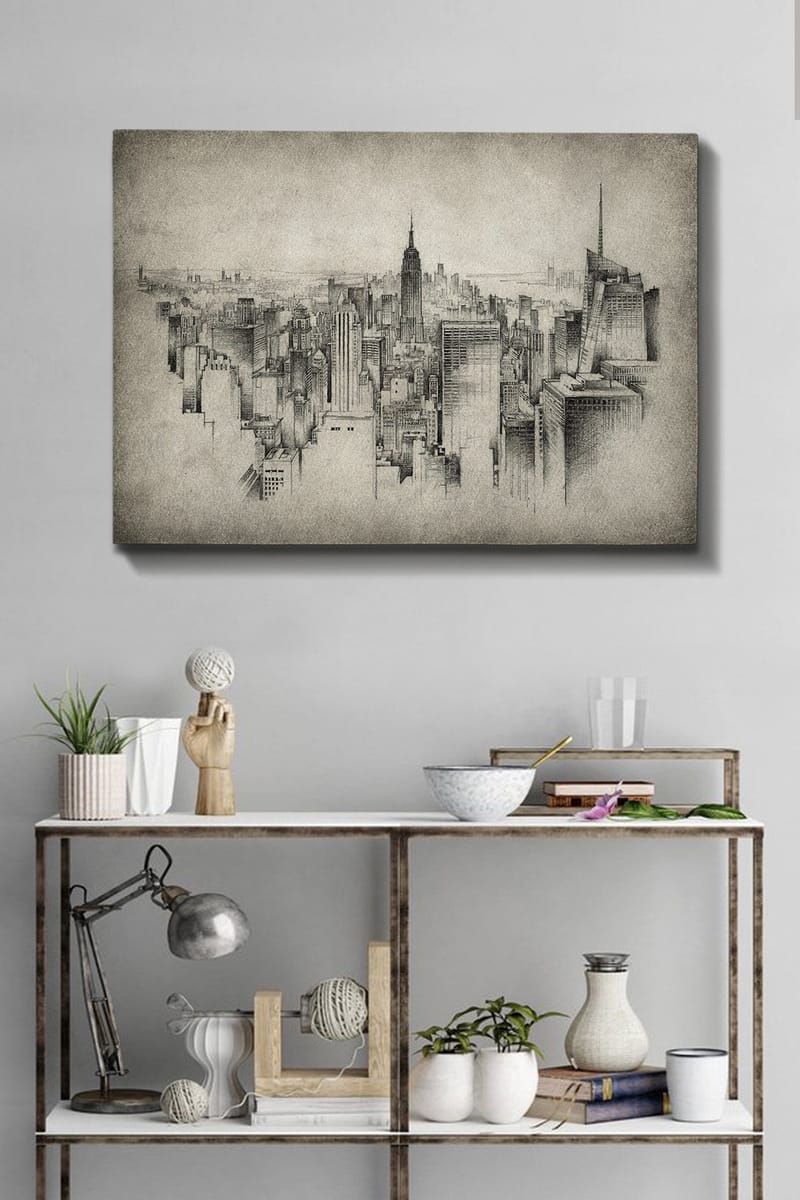 Canvastavla 70x100 cm - Detaljrik vy av en stadssilhuett med fokus på ikoniska skyskrapor - Grå / Svart - Inredning - Tavlor & posters - Canvastavla