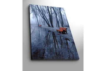 Canvastavla 70x100 cm - Dimmig park med två orange bänkar omgivna av kalla, nakna träd - Orange / Blå / Grå - Inredning - Tavlor & posters - Canvastavla