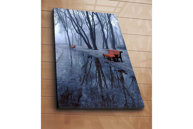 Canvastavla 70x100 cm - Dimmig park med två orange bänkar omgivna av kalla, nakna träd - Orange / Blå / Grå - Inredning - Tavlor & posters - Canvastavla