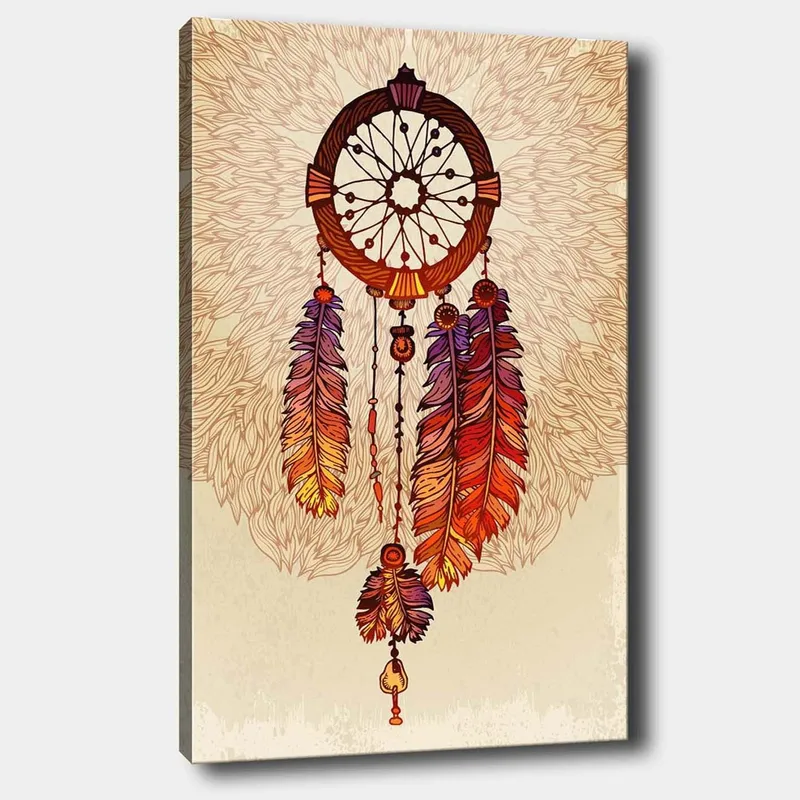 Canvastavla 70x100 cm - Drömfångare med färgglada fjädrar hängande nedåt - Orange / Lila / Brun - Inredning - Tavlor & posters - Canvastavla