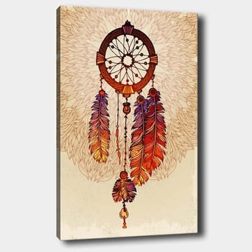 Canvastavla 70x100 cm - Drömfångare med färgglada fjädrar hängande nedåt - Orange / Lila / Brun - Inredning - Tavlor & posters - Canvastavla