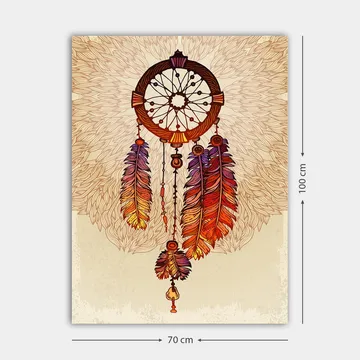 Canvastavla 70x100 cm - Drömfångare med färgglada fjädrar hängande nedåt - Orange / Lila / Brun - Inredning - Tavlor & posters - Canvastavla