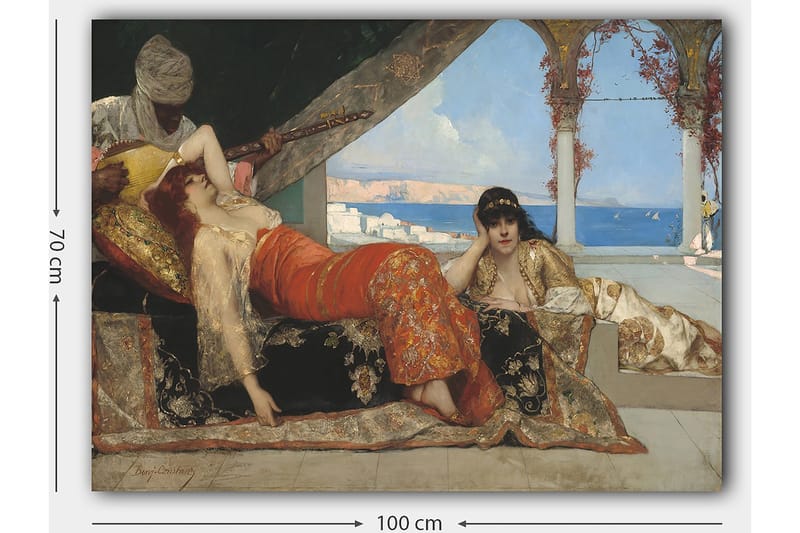 Canvastavla 70x100 cm - Drömlik scen med två kvinnor i orientaliska kläder som vilar i en lyxig miljö, medan en man spelar ett stränginstrument - Röd / Svart / Beige - Inredning - Tavlor & posters - Canvastavla