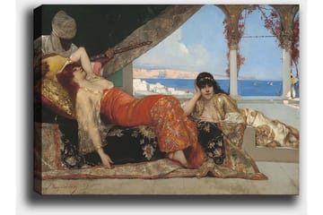 Canvastavla 70x100 cm - Drömlik scen med två kvinnor i orientaliska kläder som vilar i en lyxig miljö, medan en man spelar ett stränginstrument - Röd / Svart / Beige - Inredning - Tavlor & posters - Canvastavla