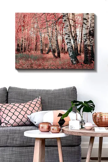 Canvastavla 70x100 cm - Drömlik skog med björkar omgivna av rosa och röda löv - Rosa / Vit / Svart - Inredning - Tavlor & posters - Canvastavla