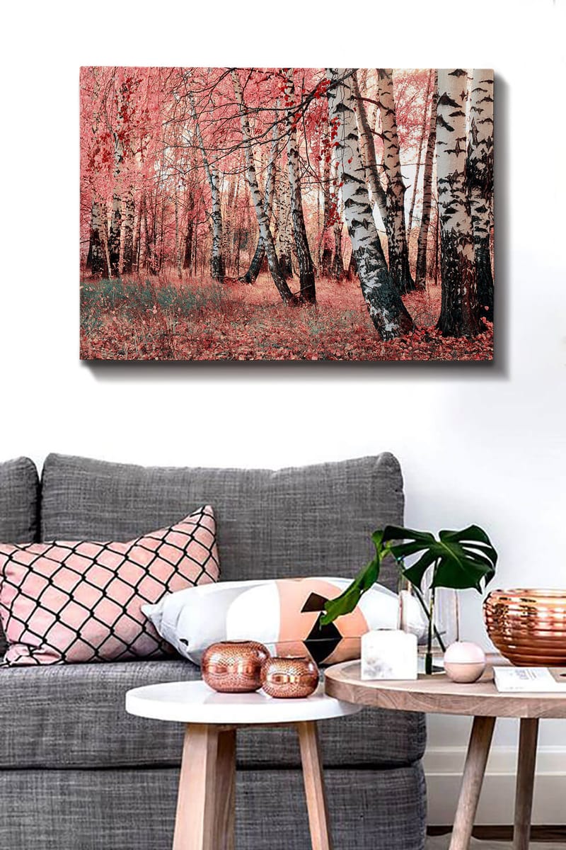 Canvastavla 70x100 cm - Drömlik skog med björkar omgivna av rosa och röda löv - Rosa / Vit / Svart - Inredning - Tavlor & posters - Canvastavla