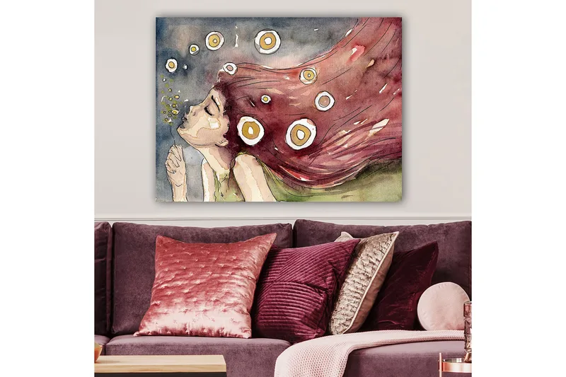 Canvastavla 70x100 cm - Drömmande kvinna med långt, rödaktigt hår som blåser i vinden, omgiven av vita och gula cirklar - Röd / Vit / Gul - Inredning - Tavlor & posters - Canvastavla