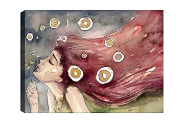 Canvastavla 70x100 cm - Drömmande kvinna med långt, rödaktigt hår som blåser i vinden, omgiven av vita och gula cirklar - Röd / Vit / Gul - Inredning - Tavlor & posters - Canvastavla