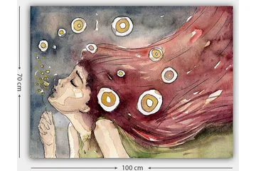 Canvastavla 70x100 cm - Drömmande kvinna med långt, rödaktigt hår som blåser i vinden, omgiven av vita och gula cirklar - Röd / Vit / Gul - Inredning - Tavlor & posters - Canvastavla