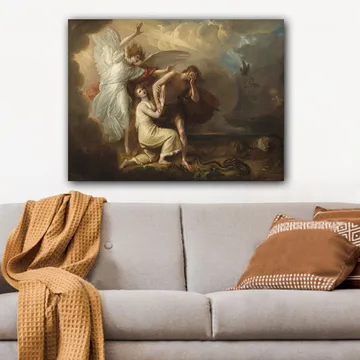 Canvastavla 70x100 cm - Dramatisk scen med en ängel som skyddar en man och en kvinna från en hotfull situation - Vit / Beige / Röd - Inredning - Tavlor & posters - Canvastavla