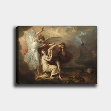 Canvastavla 70x100 cm - Dramatisk scen med en ängel som skyddar en man och en kvinna från en hotfull situation - Vit / Beige / Röd - Inredning - Tavlor & posters - Canvastavla