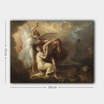 Canvastavla 70x100 cm - Dramatisk scen med en ängel som skyddar en man och en kvinna från en hotfull situation - Vit / Beige / Röd - Inredning - Tavlor & posters - Canvastavla