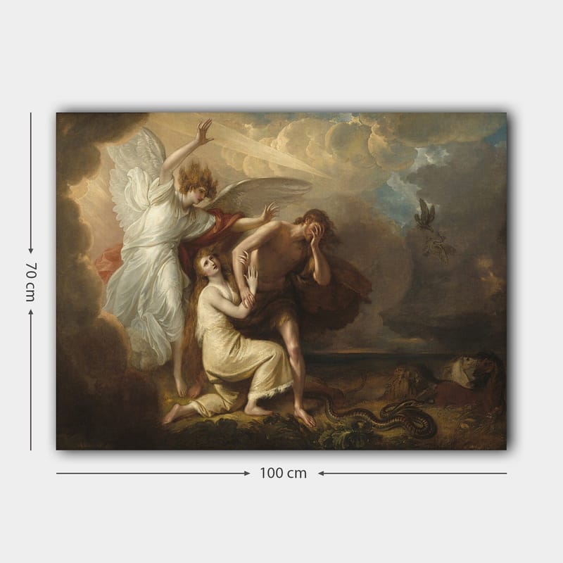 Canvastavla 70x100 cm - Dramatisk scen med en ängel som skyddar en man och en kvinna från en hotfull situation - Vit / Beige / Röd - Inredning - Tavlor & posters - Canvastavla