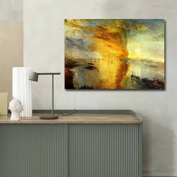 Canvastavla 70x100 cm - Dramatisk solnedgång över en stilla vattenyta med skepp i horisonten - Guld / Orange / Blå - Inredning - Tavlor & posters - Canvastavla